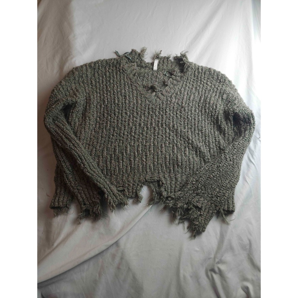 Wishlist Pullover Sweater Womens Size M/L Green Knit Distressed Cabincore V-Neck